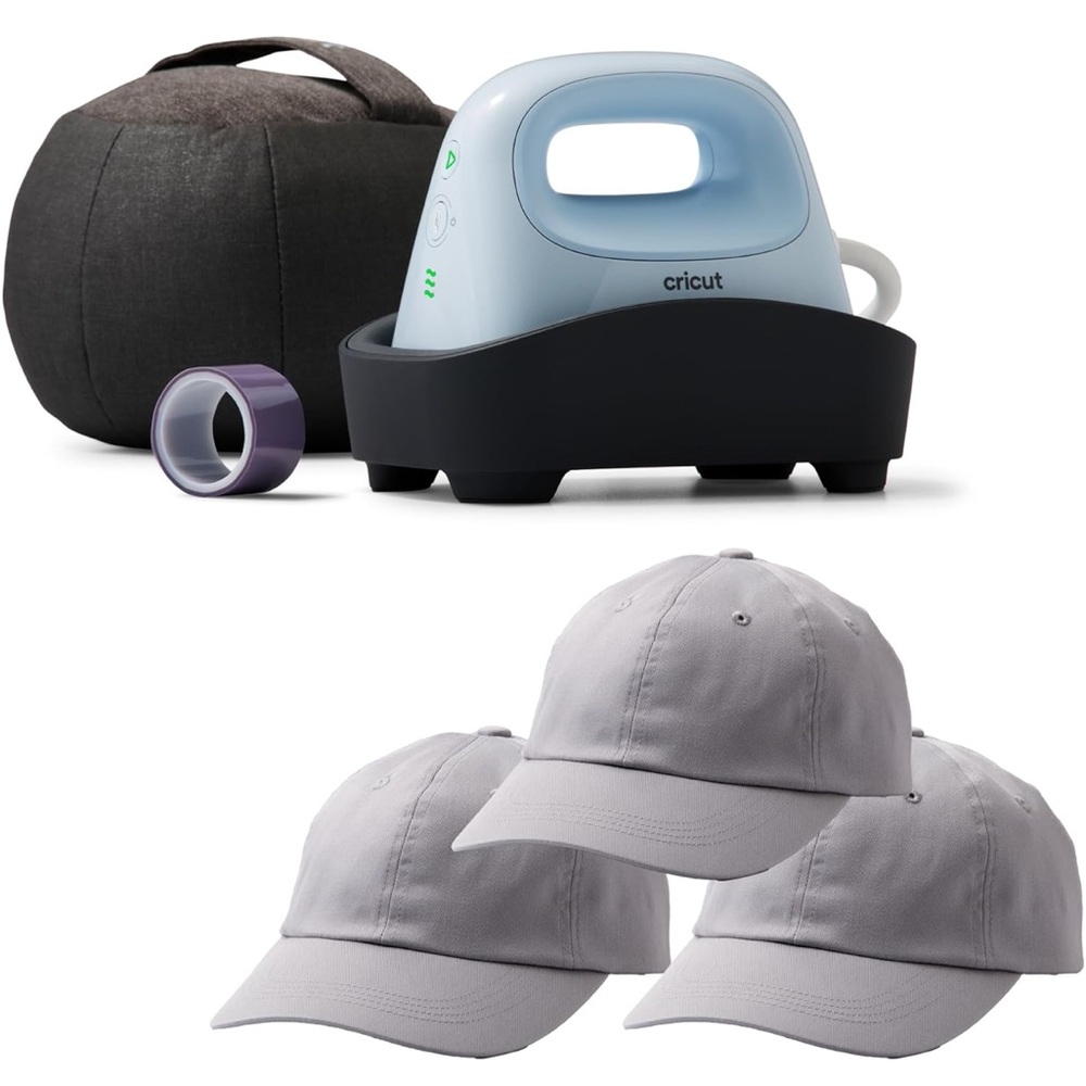 Cricut EasyPress Mini in Light Blue with Black Base and Light Gray Caps